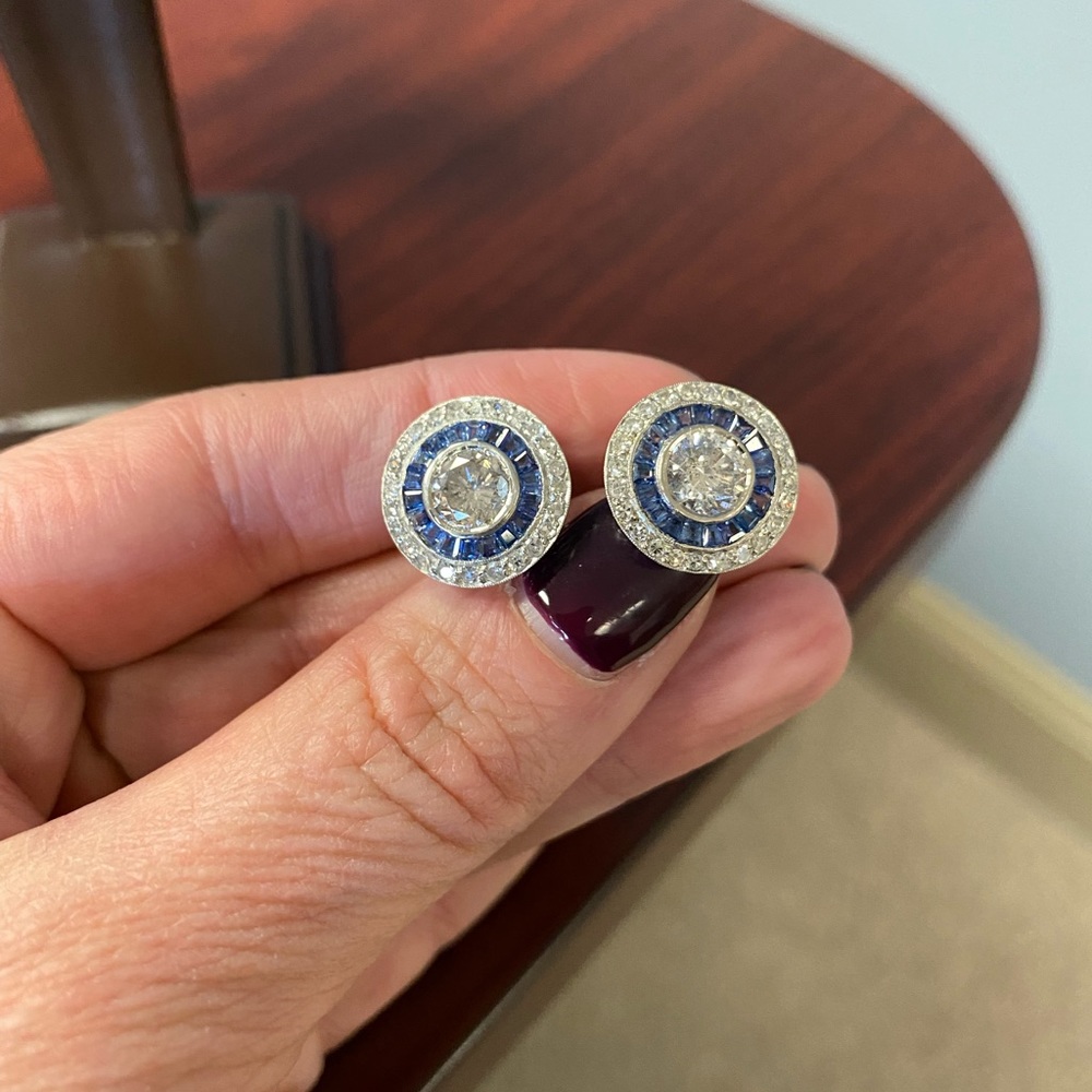 Vintage Platinum 2.70ctw Diamond & Sapphire Halo Earrings - Picture 5 of 10
